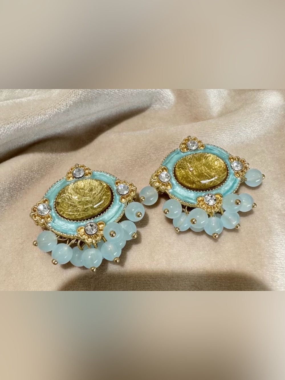 Handcrafted Gold & Aqua Beaded Floral Drop Earrings